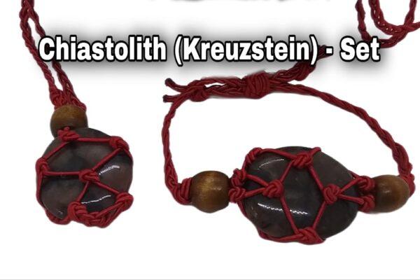 Chiastolith (Kreuzstein)-Heilstein-Set im Geschenketui-Blume des LebensChiastolith (Kreuzstein)-Heilstein-Set: Schutzschild für
