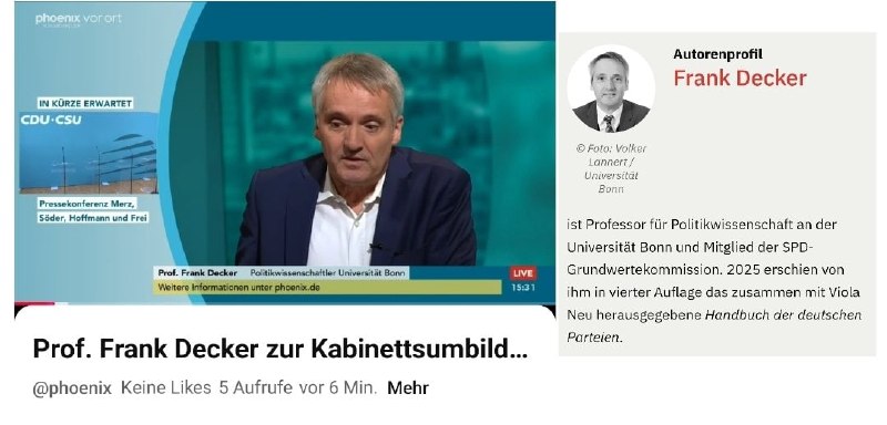 Der von Phoenix zur Kabinettsumbildung interviewte Politikwissenschaftler ist Mitglied