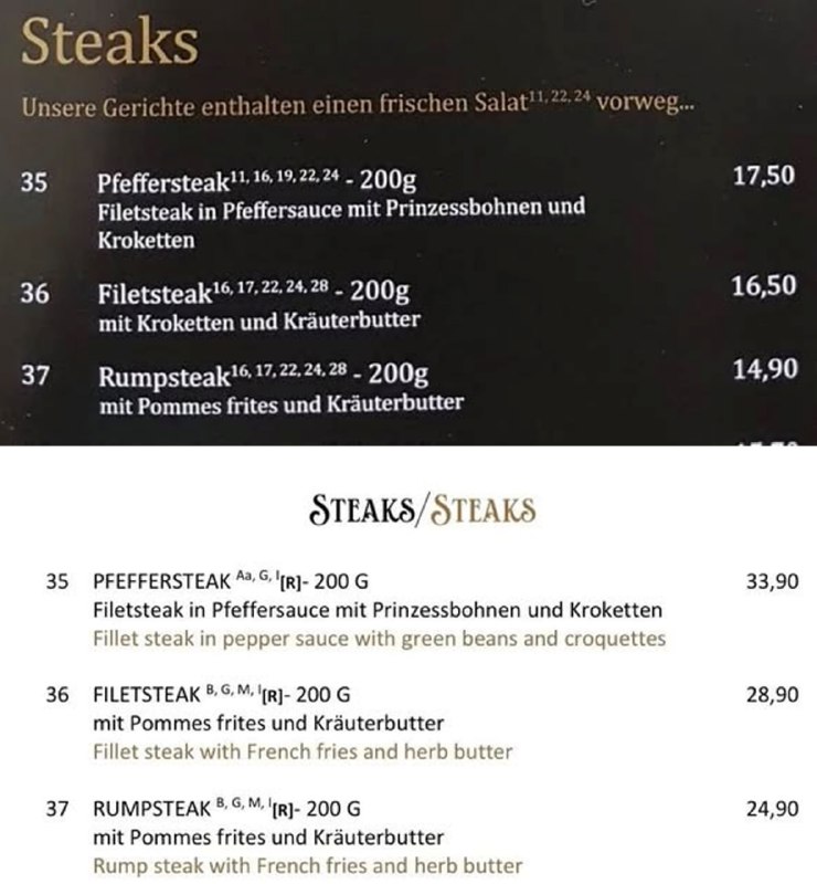 Hier sehen Sie Auszüge aus der Speisekarte des gleichen