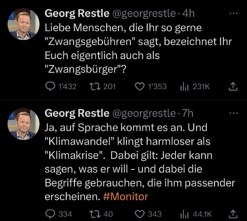 Ja, diese beiden Tweets hat Georg Restle tatsächlich direkt