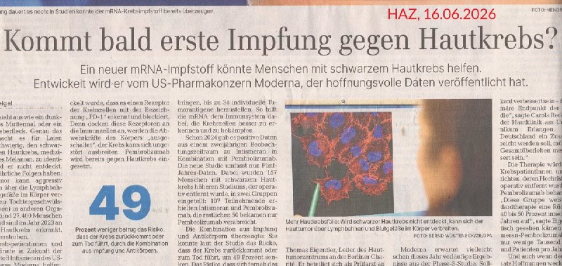 Obwohl Modernas neue modRNA gegen Hautkrebs nicht vorbeugend verabreicht